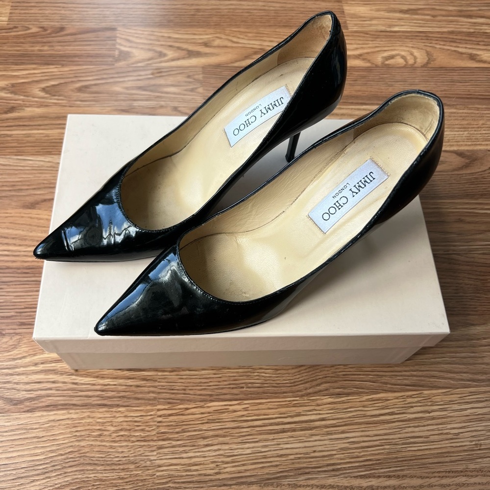 Vintage Jimmy Choo Aimee Black Patent Leather Heels Pumps Womens 38.5 US 8 -8.5